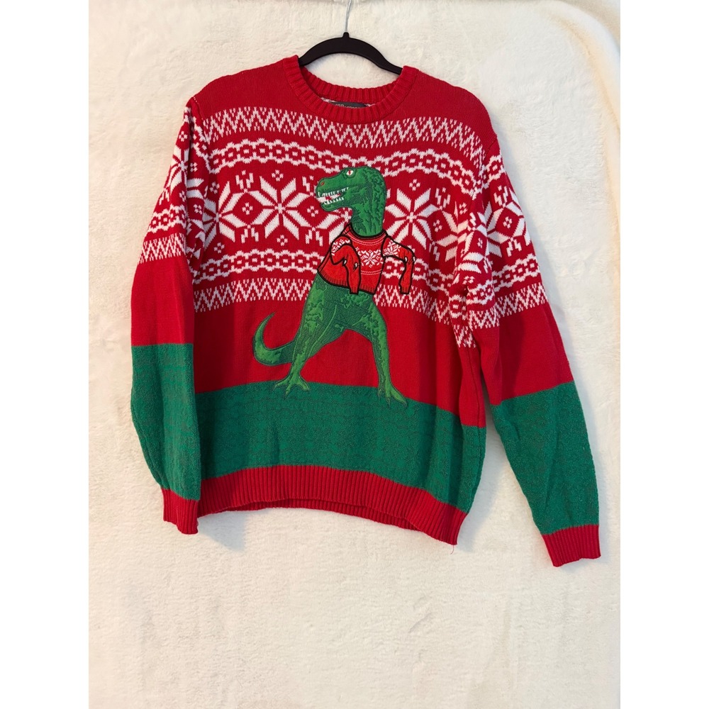 33 Degrees T-Rex Dinosaur Ugly Christmas Sweater Mens Large Red Green Fair Isle